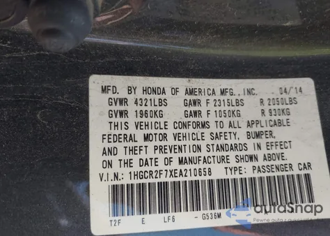 2014 Honda Accord Ex from USA, damaged, VIN 1HGCR2F7XEA210658